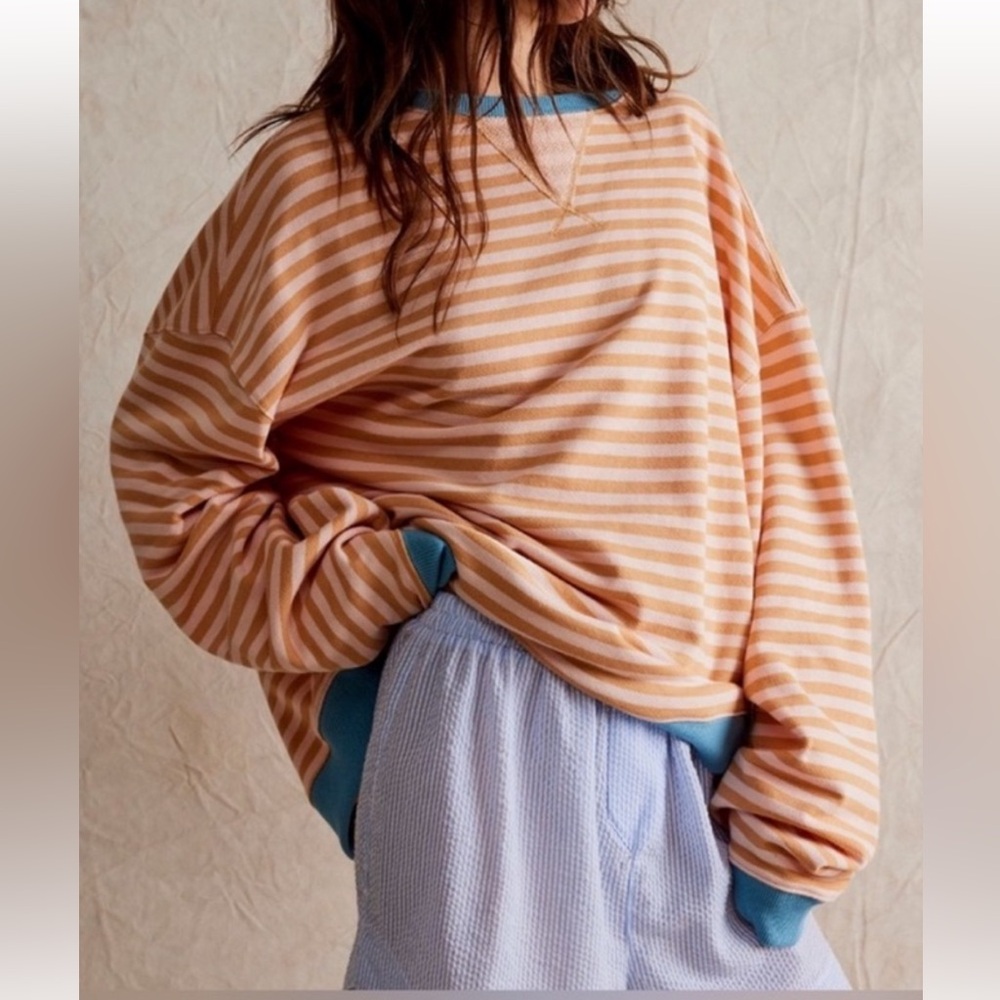NWOT Free People We The Free Classic Striped Crewneck in Latte Combo Size Large - Picture 2 of 8